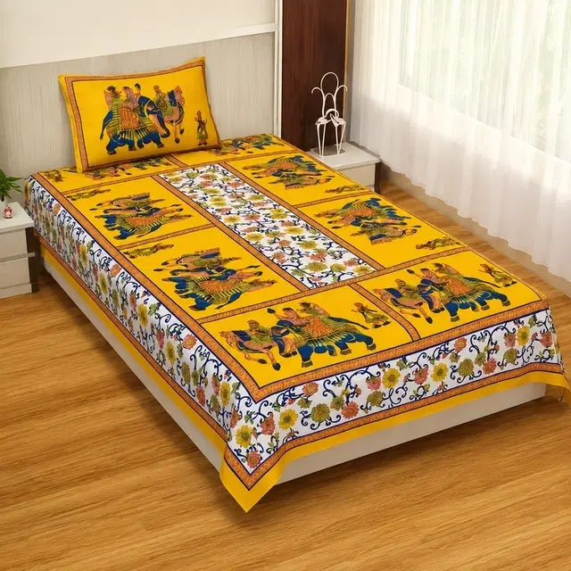 Cotton Single Bedsheet, Folk Jaipuri Print, 58x80 Inch