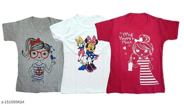 Round Neck Printed T-Shirt for Girls, Pack of 3 (Multicolor, 6-7 Years)