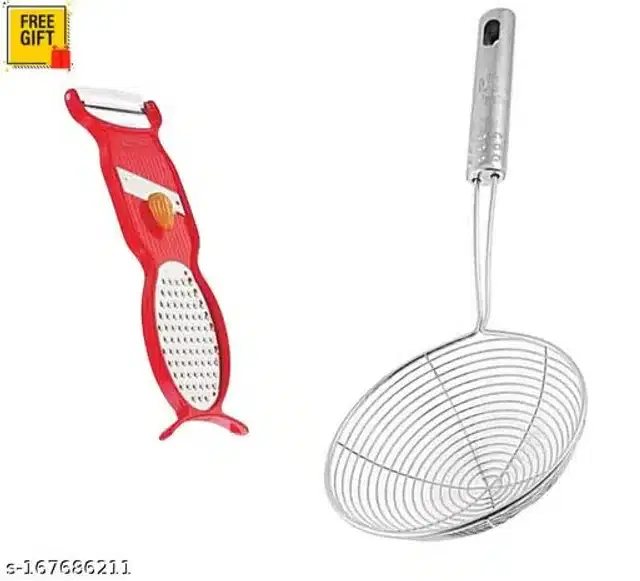 Stainless Steel Deep Frying Strainer with Peeler, Red & Silver, Set of 2