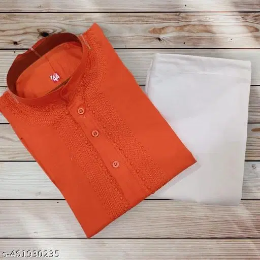 Cotton Solid Kurta Set for Men, White & Orange (M)