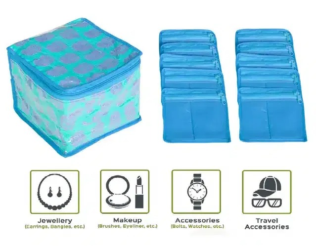 Multipurpose Storage Bag with 10 Transparent Pouches, Blue, 18x18x13 cm, Set of 11