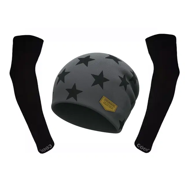 Woolen Printed Cap with Arm Sleeves for Men (Grey, Set of 2)