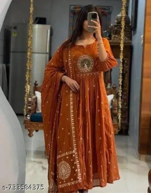 Embroidered Flared Kurta Set for Women (Orange, XXL)