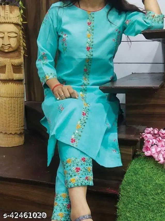 Silk Embroidered Kurta with Pant for Women (Sky Blue, XXL)