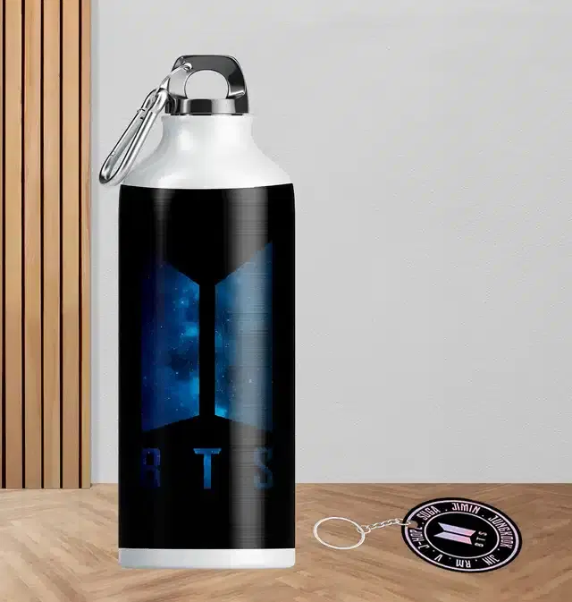 BTS Army Logo Aluminium Printed Sipper Bottle with Keychain, Pack of 2, Multicolor, 750 ml, Gt-117