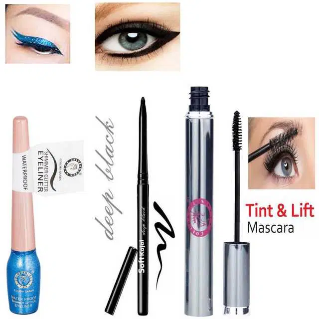 Combo of 1 Colors Queen Waterproof Shimmer Glitter Blue Eyeliner & 1 Colors Queen 12 Hours Long- Lasting Smudgeproof Waterproof Deep Black Soft Kajal & 1 Colors Queen Brow Tint & Lift Long Lash Waterproof Mascara, 6 ml, R853