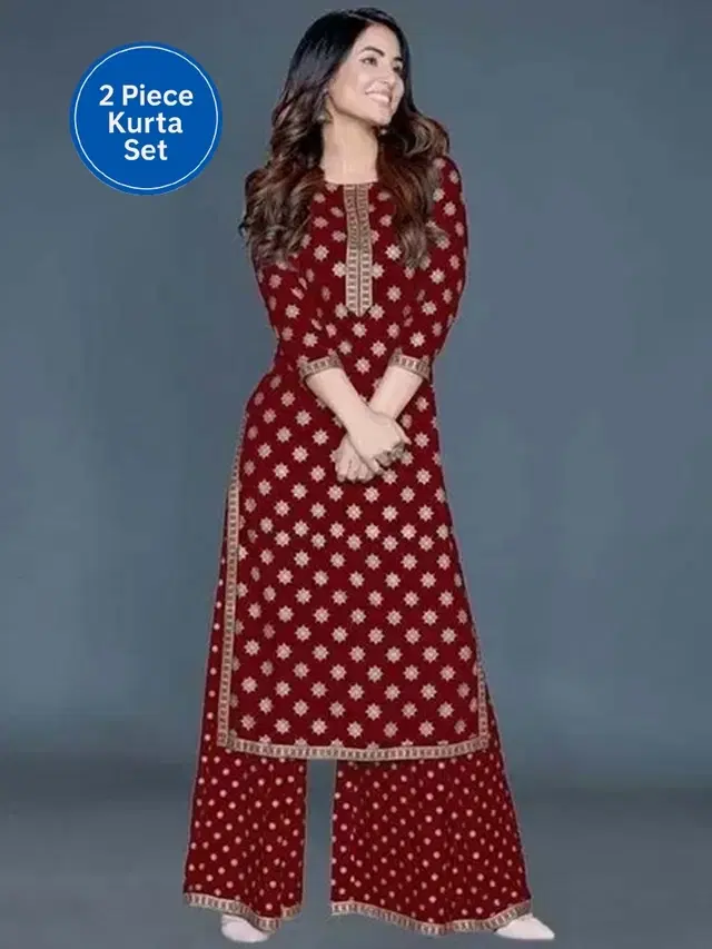 Rayon Printed Nayra Cut Women's Kurta with Pant Set, Maroon (M)