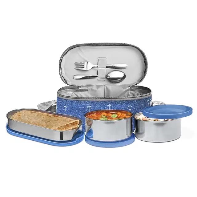 Milton Corporate Lunch Stainless Steel Containers, Set of 3, (280 ml, 280 ml, 472 ml), Blue| Light Weight | Odour Proof | Leak Proof
