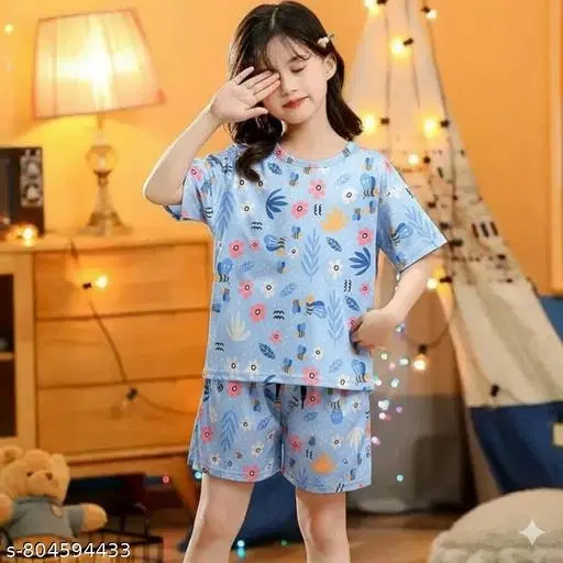 Night Suit for Girls (Aqua Blue, 5-6 Years)