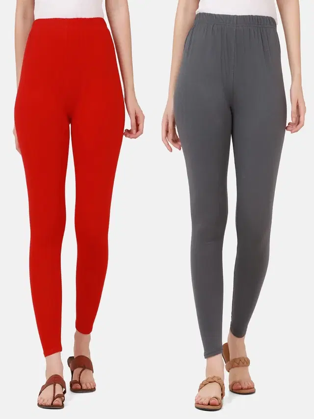 Cotton Solid Leggings for Women, Pack of 2 (Red & Grey, XL)