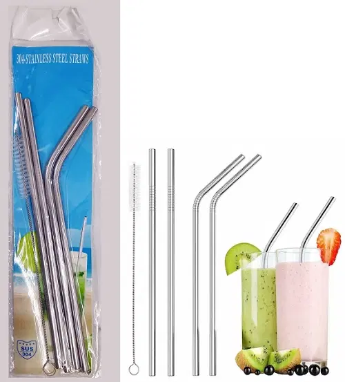 Stainless Steel Straw with Cleaning Brush, Silver, Set of 5