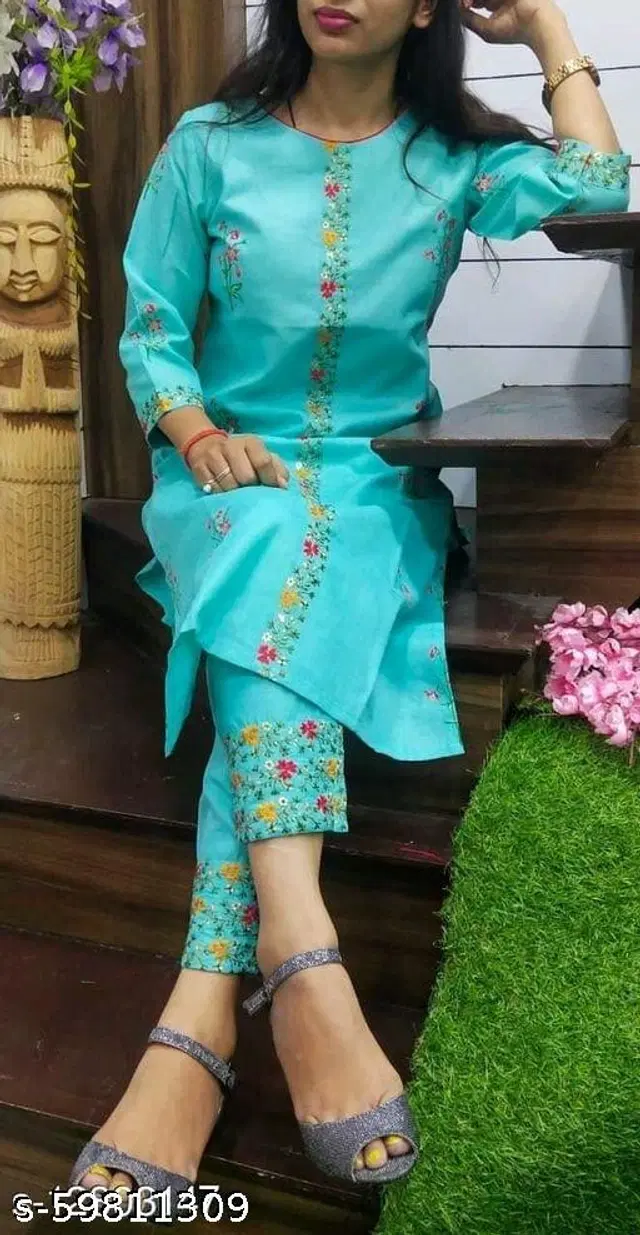 Cotton Embroidered Kurta with Pant for Women (Sky Blue, M)