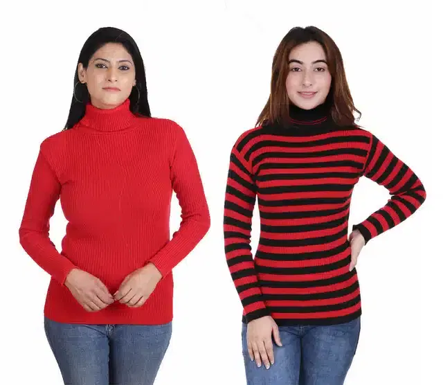 Full Sleeves Solid Sweater for Women, Pack of 2 (Red & Maroon, S)
