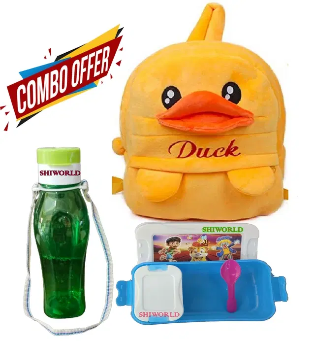 Combo of Fabric School Bag, Water Bottle with Lunch Box for Kids, Multicolor, Set of 3