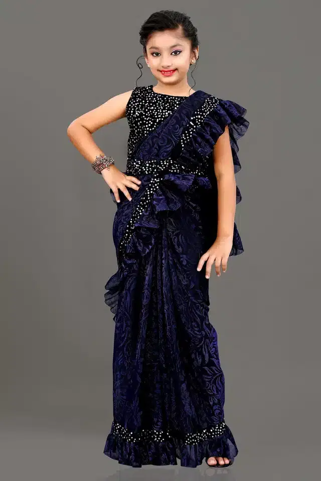 Saree with Unstitched Blouse for Girls (Navy Blue, 3-4 Years)