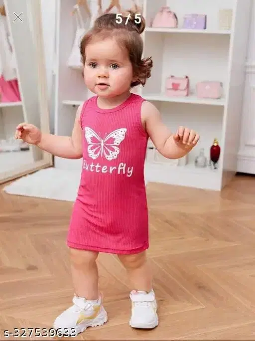 Girls Frocks & Dresses Round neck  Pink Cotton Blend(6-12 M)