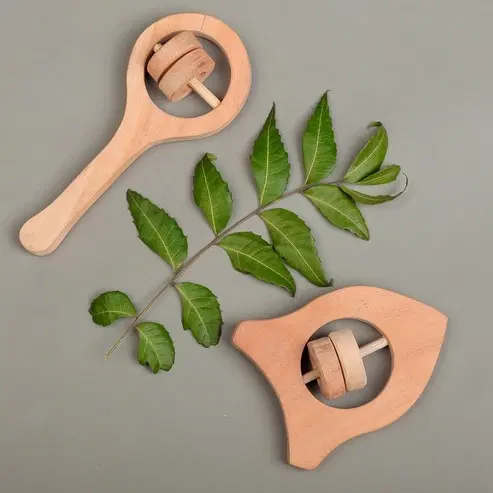 Neem Wood Whale Teether Set, Beige, Pack of 2