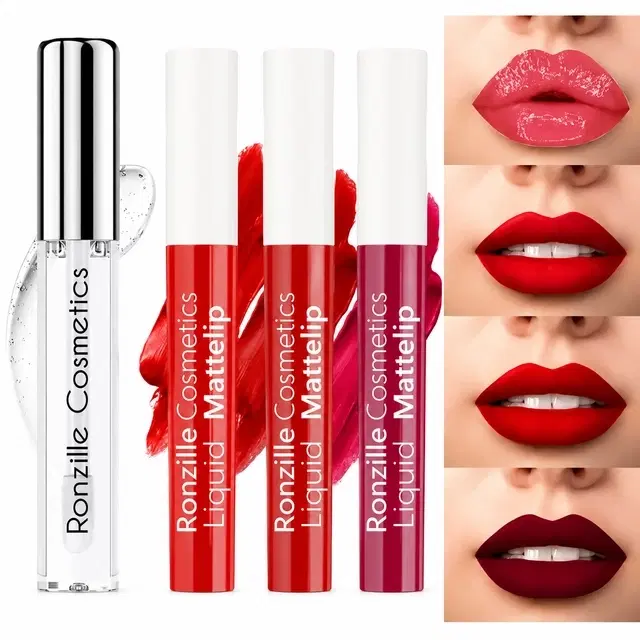 Ronzille Matte Liquid Lipstick with Lip Gloss, Red Edition [Pack of 4]