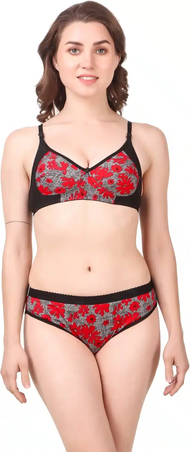 Cotton Blend Lingerie Set for Women (Red, 34)