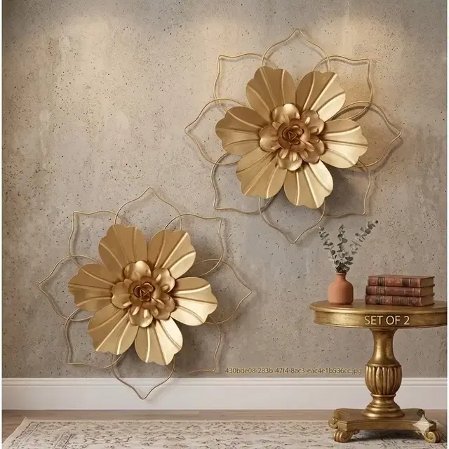 Modern Metal Floral Wall Hanging For Home & Office Décor Set Of 2 Golden Look 27x26x5cm