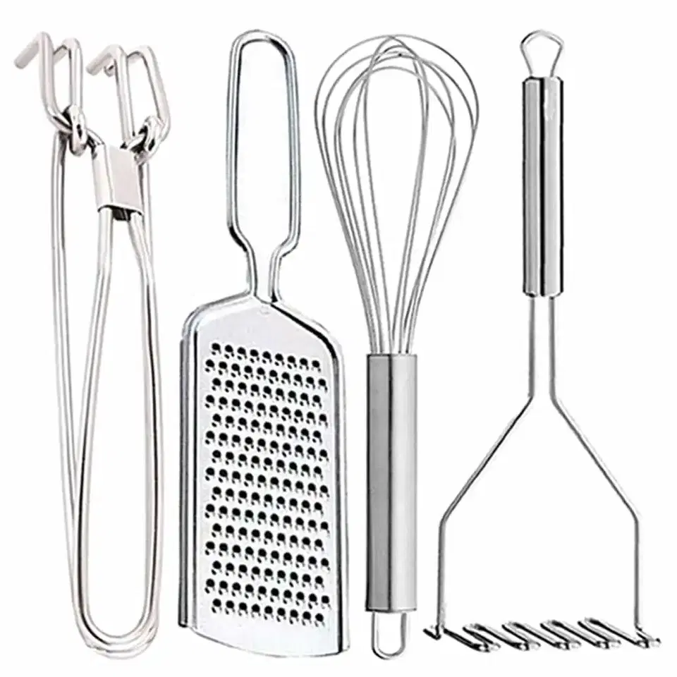 Oc9 Stainless Steel Utility Pakkad & Cheese Grater & Egg Whisk & Potato Masher For Kitchen Tool Set, Oc-412