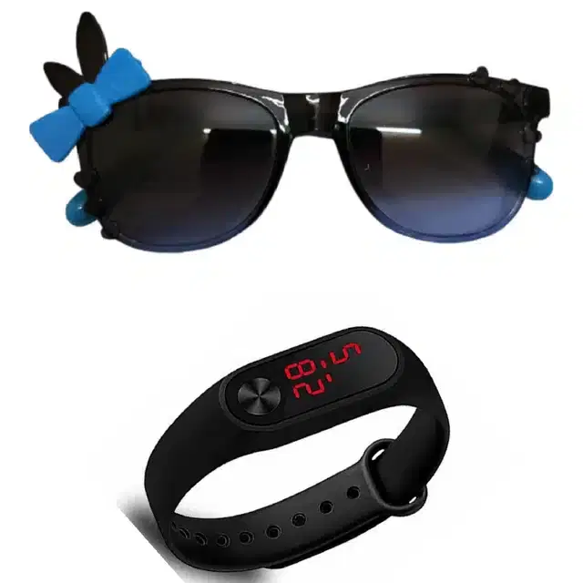 UV Protected Sunglass with Digital Watch for Boys & Girls, Set of 2 (Black)