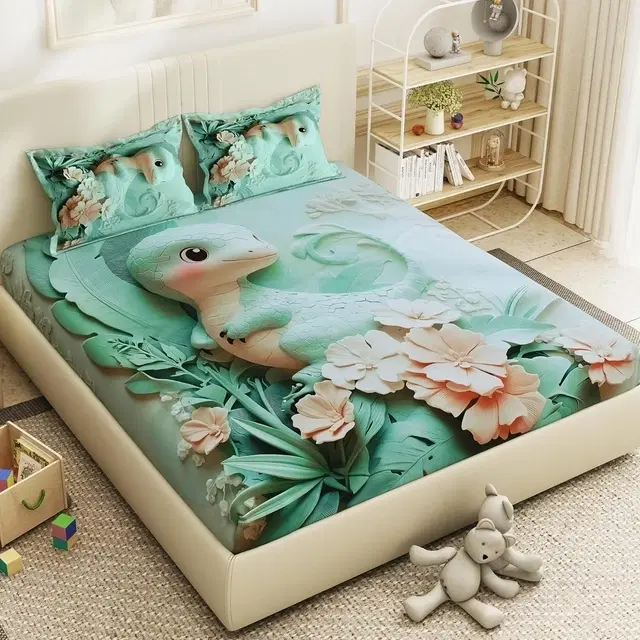 7D Double Bedsheet, Baby Dinosaur Print, 90x100 Inch