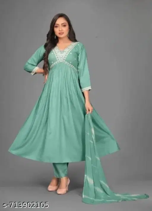 Solid Acrylic Kurta Set for Women (Aqua Blue, M)