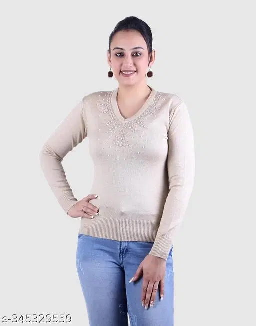 Acrylic Embellished Sweater for Women (Beige, M)