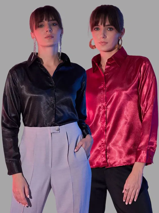 Full Sleeves Solid Shirt for Women, Pack of 2 (Red & Black, S)