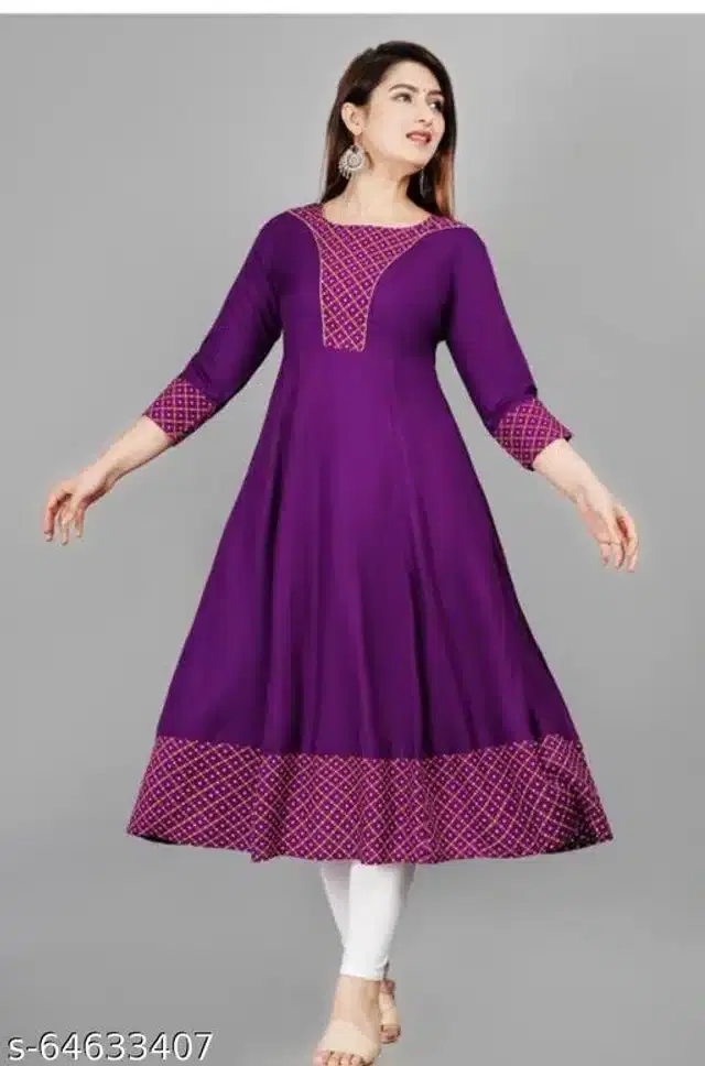 Anarkali Rayon Solid Kurti for Women (Purple, S)