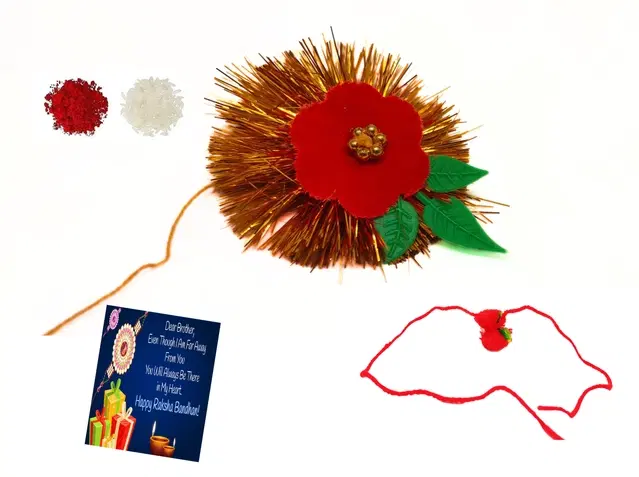 Synthetic 2 Pcs Rakhi with Greeting Card & Roli Chawal (Multicolor, Set of 1)