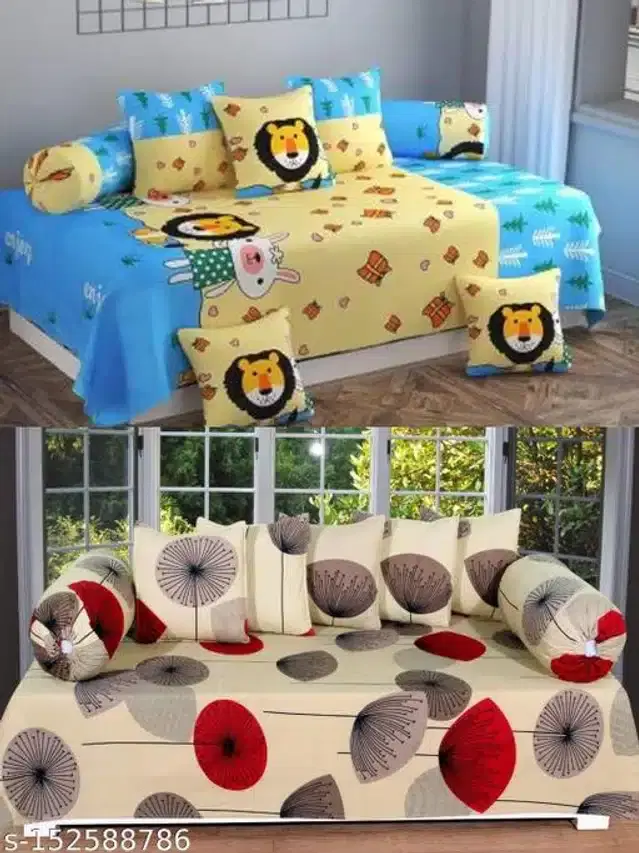 Polycotton Diwan Cover Set, Multicolor, Combo of 2