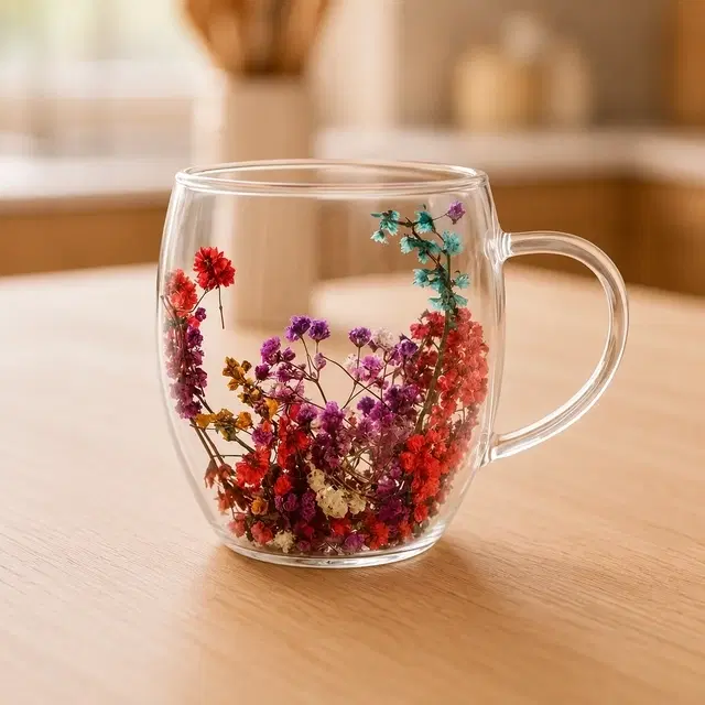 Double Wall Floral Borosilicate Glass Mug, Transparent [250 ml]