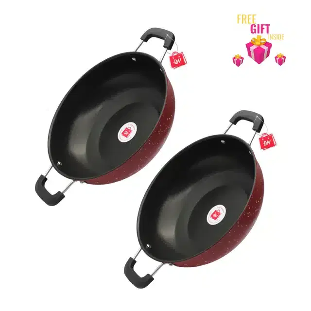 Non Stick Kadai with Surprise Gift, Pack of 2, Maroon, 3 L
