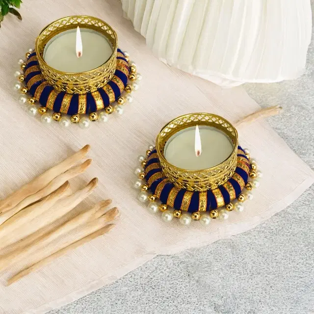 Metal Designer Tealight Candle Holder, Blue, 7.8x7.8x3 cm, Pack of 2