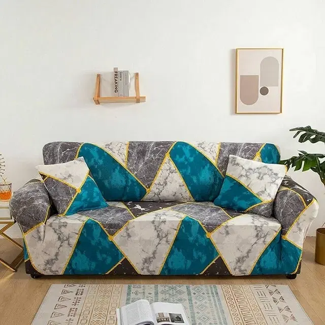 Homwatica 3 Seater Blue Marble Printed Elastic Sofa Cover 180X230Cm Pack Of 1