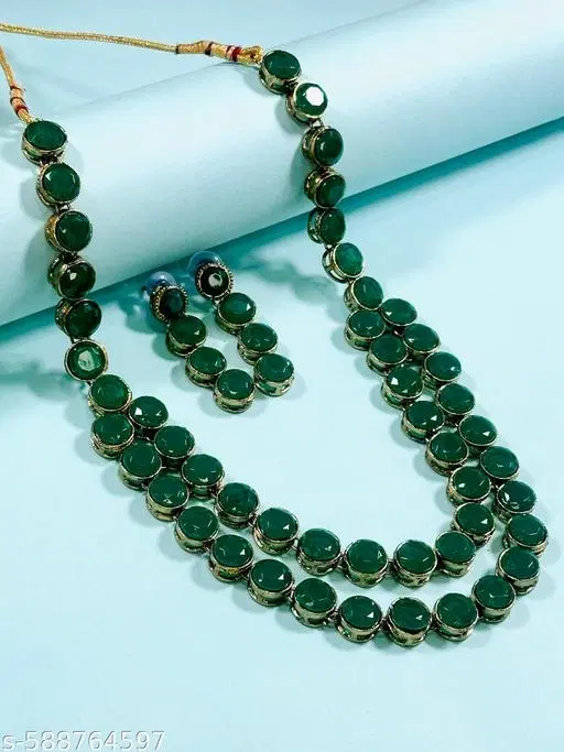 Handicraft Premium Quality Two Layer Green Necklace Set, Green