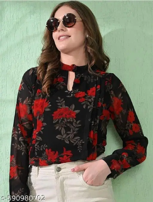 Floral Print Georgette full-sleeve Top for Women (Black, S)