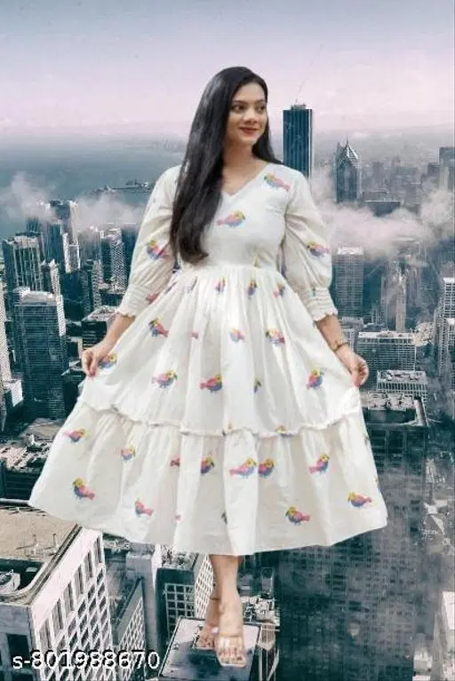 Rayon Printed Kurti for Women, White (M)