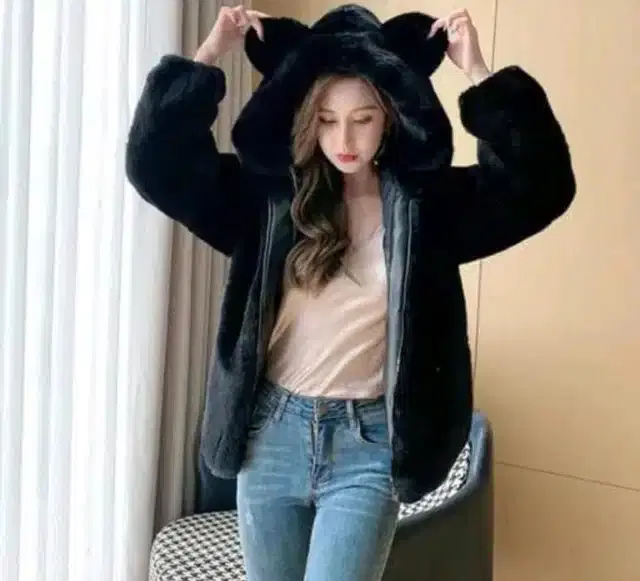 Fur Hoodie for Women (Black, L)