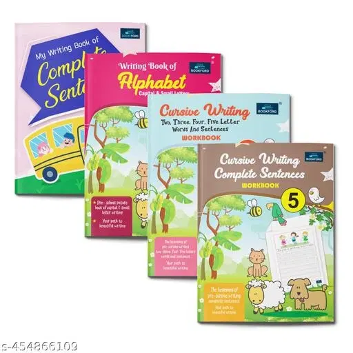 Writing Book For Kids - Set Of 4 Books - Alphabet Capital & Small , Cursive Writing Words2-5 & Sentences , Cursive Writing Complete Sentences , And My Writing Book Of Complete Sentences