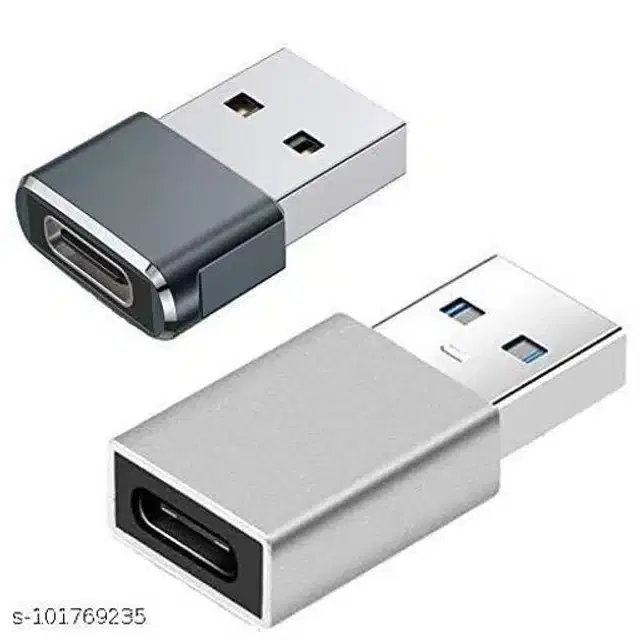Metal Type C to USB A Connector for Charging, Silver & Black, Set of 2