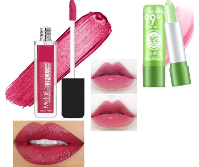 Combo of Metallic Waterproof Lip Gloss, 6 ml with Aloevera Lip Balm, Rose Pink, Set of 2
