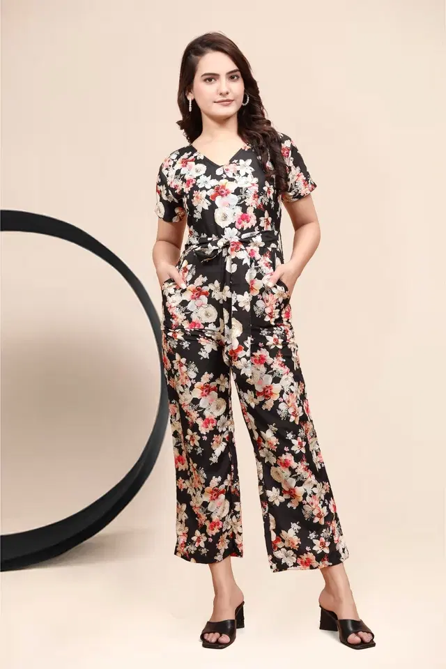 Muslin Printed V-Neck Jumpsuit for Women (Black & Pink, XL)