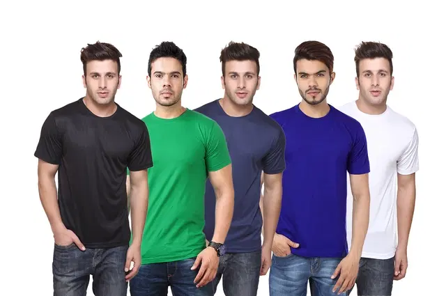 Round Neck Solid Polyester T-shirts for Men, Pack of 5 (Multi, M)