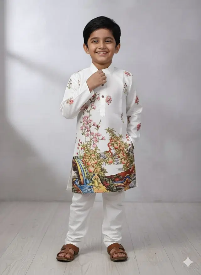 Silk Blend Printed Kurta & Payjama Set For Boys, Cream (5 - 6 Years)