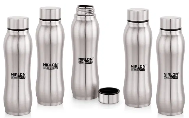 Nirlon Ozone Single Wall Stainless Steel Water Bottle 750Ml, Water Bottles For Fridge, School,Gym,Home,Office,Boys, Girls, Kids, Leak Proof(Silver Colour|Set Of 5)